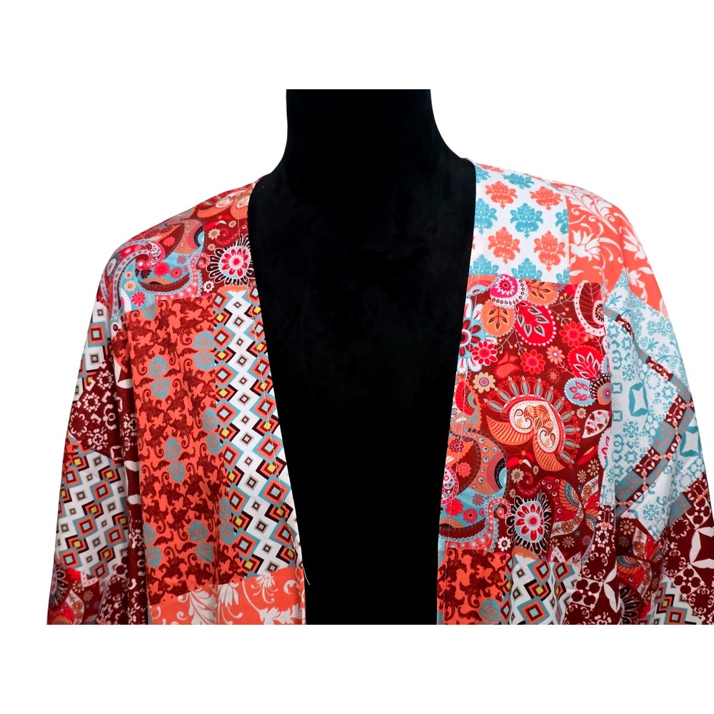 Tees2urdoor Red Patchwork Boho Kimono Tassel Fringe Open Front Wrap Cardigan - Picture 2 of 10